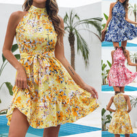 Graceful Floral Halterneck Dress with Lace-Up Ruffles - Summer Elegance for Women