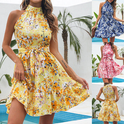 Graceful Floral Halterneck Dress with Lace-Up Ruffles - Summer Elegance for Women