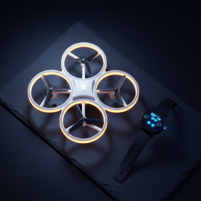 Gravity-Sensing Watch Drone – Obstacle-Avoiding 4-Axis Quadcopter with LED Lights