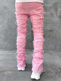 Men’s Bold Stacked Ripped Patch Jeans – Fashionable Streetwear Denim