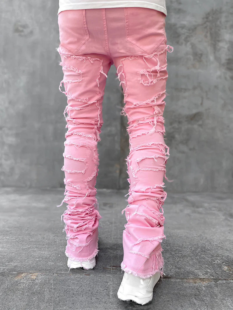 Men’s Stacked Ripped Patch Jeans – INS Fringe Streetwear Slim Fit Trousers What Else You Got?