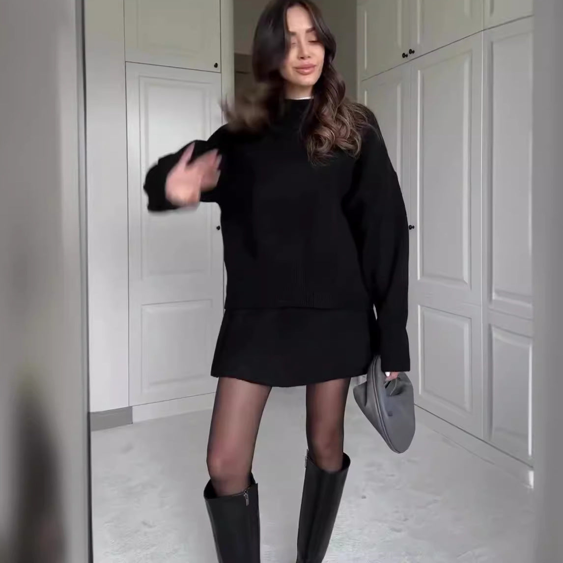 Sweater Skirt Sets For Women 2 Pieces Knit Casual Versatile Long Sleeve Pullover Elegant Solid High Waist Mini Skirt Outfit What Else You Got?