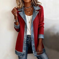 Chic Denim Patchwork Jacket - Trendy Commuter Lapel Button-Down Long-Sleeve Top for Women