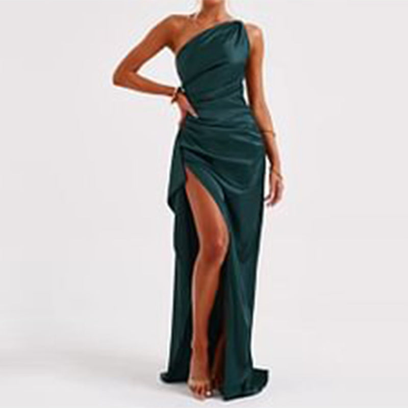 Sexy One-shoulder Backless Slit Dress Summer Elegant Slim-fit Solid Color Satin Dresses For Women What Else You Got?