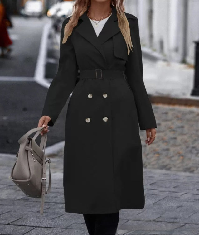 Lapel Double-breasted Trench Coat With Belt Winter Fashion Solid Color Long Jacket Outwear Women Clothing What Else You Got?