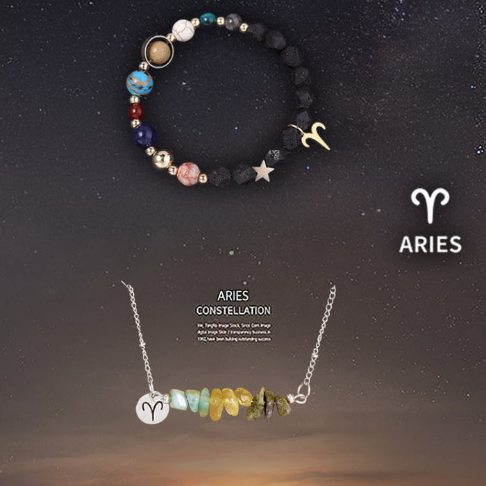 Natural Stone Zodiac Necklace & Bracelet Set – All 12 Signs | Spiritual Jewelry Gift