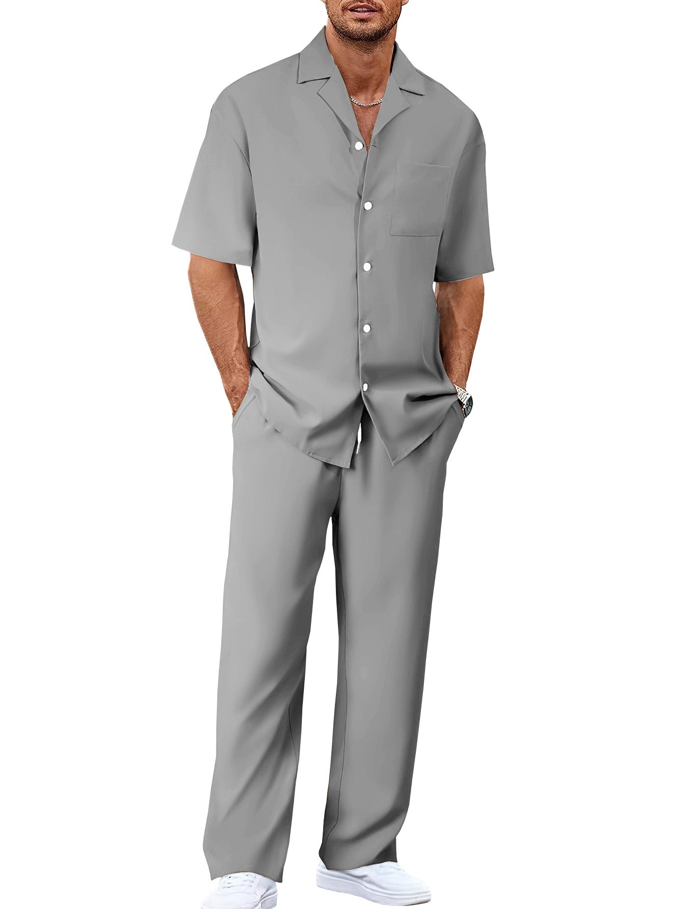 Men's Trousers Suit Fashion Lapel Button Short Sleeve Shirt And Pocket Straight Pants Clothing What Else You Got?