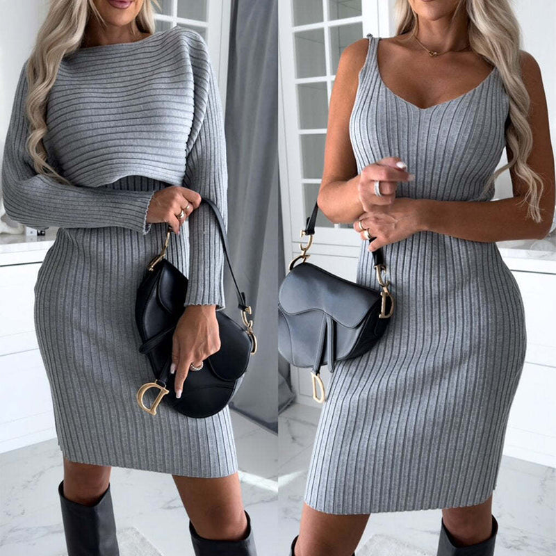 2pcs Suit Women's Solid Stripe Long-sleeved Top And Tight Suspender Skirt Fashion Autumn Winter Slim Clothing What Else You Got?