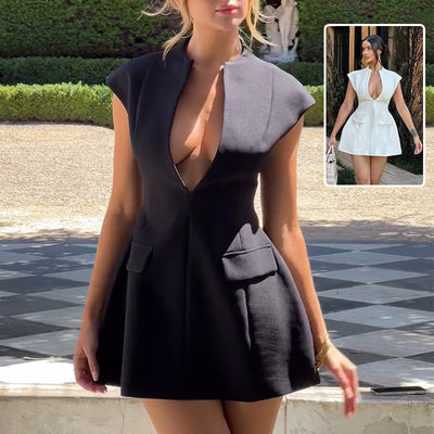 Elegant Summer A-Line Dress with Deep V-Neck & Cardigan - Modest yet Stylish French Fashion