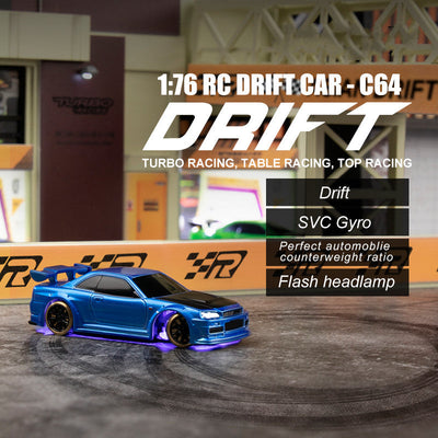 Turbo Racing 1vs76 C64 Drift RC Car - Full Proportional Remote Control with Gyro - Ready to Race (RTR) - Blue & Green Models - Perfect for Kids & Adults