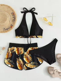Tropical Leaf Print 3-Piece Bikini Set with Stylish Shorts Cover-Up