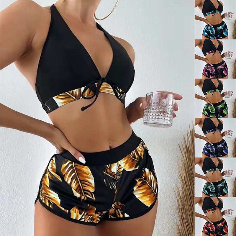 Tropical Leaf Print 3-Piece Bikini Set with Stylish Shorts Cover-Up
