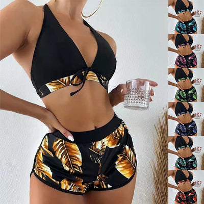 Tropical Leaf Print 3-Piece Bikini Set with Stylish Shorts Cover-Up
