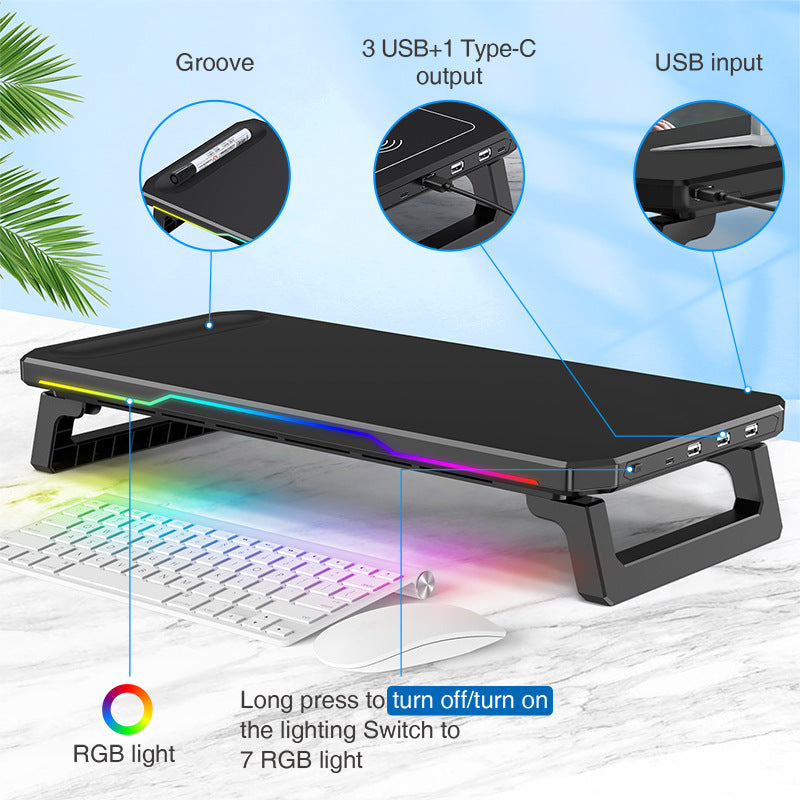 RGB Laptop Stand with Neck Support & Cooling – Adjustable Monitor Riser with USB Hub