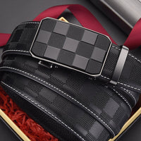 Men's Automatic Buckle Leather Belt - Genuine Cowhide, Elegant Plaid Design