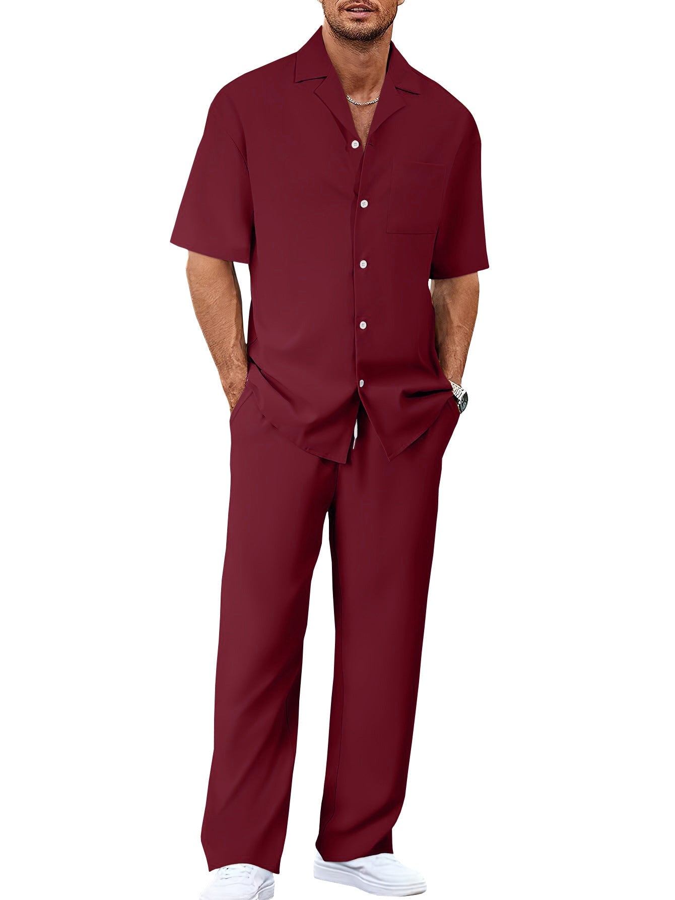 Men's Trousers Suit Fashion Lapel Button Short Sleeve Shirt And Pocket Straight Pants Clothing What Else You Got?