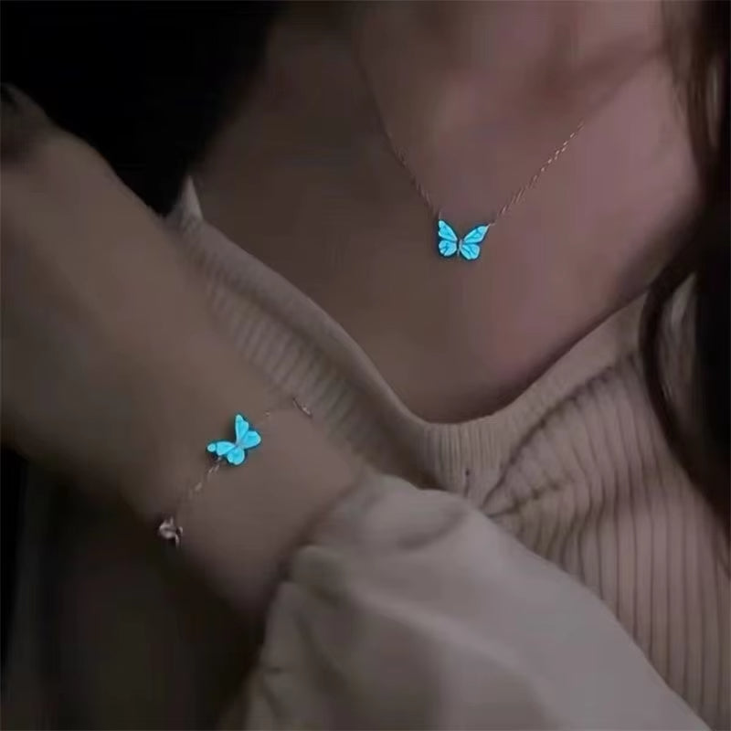 Glow-in-the-Dark Blue Butterfly Jewelry Set – Necklace & Earrings