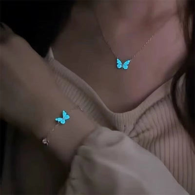 Glow-in-the-Dark Blue Butterfly Jewelry Set – Necklace & Earrings