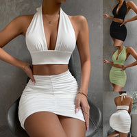 Divine Elegance: Women's Halter Lace-Up Top & Pleated Skirt Dress Suit
