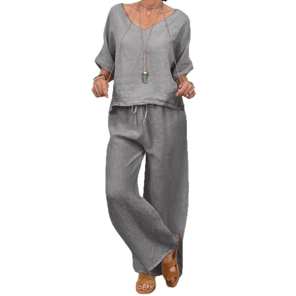 Womens Multi-Color Two-Piece Set Casual V-Neck Pullover With Three-Quarter Sleeves And Extended Pants What Else You Got?