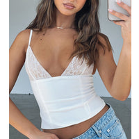 Elegant Women's Lace Camisole with Back Zipper - Summer Sleeveless V-neck Top (White/Black)