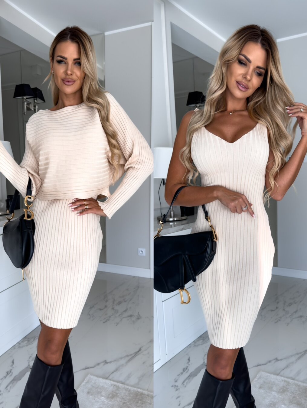 2pcs Suit Women's Solid Stripe Long-sleeved Top And Tight Suspender Skirt Fashion Autumn Winter Slim Clothing What Else You Got?