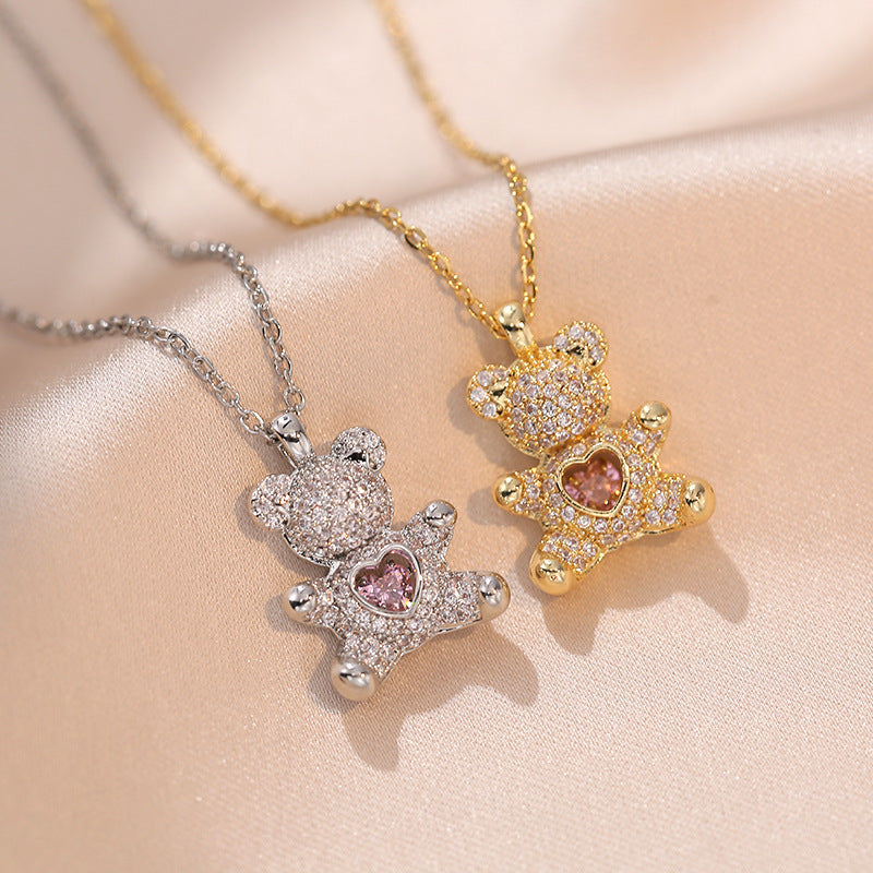 Gold Bear Heart Love Necklace - Feminine Cross Chain Jewelry