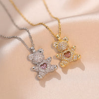 Gold Bear Heart Love Necklace - Feminine Cross Chain Jewelry