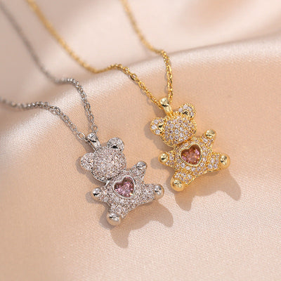 Gold Bear Heart Love Necklace - Feminine Cross Chain Jewelry