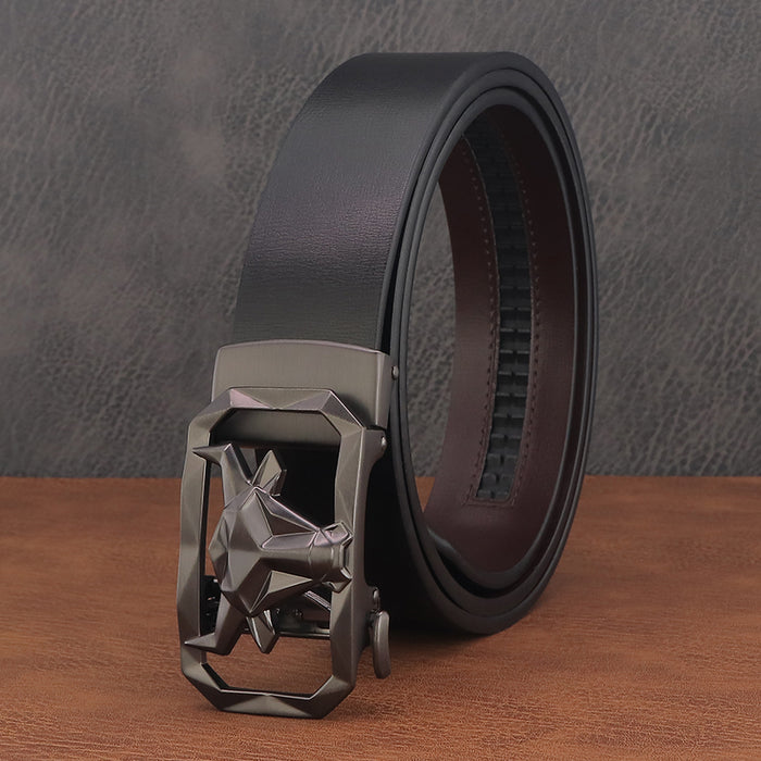 Men's Bull Head Leather Belt - No-Hole Automatic Buckle Waist Belt for Jeans & Casual Wear