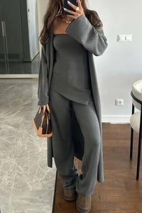 Elegant 3-Piece Modest Knit Set: Chic Cotton Coat & Wide-Leg Pants (Khaki, Gray, Red)