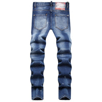 Men’s Stylish Ripped Jeans – Blue Denim with Trendy Ornament Detailing (Mid-Waist, Slim Fit)
