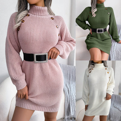 Elegant Winter Turtleneck Sweater Dress - Button Design, Long Sleeve & Cozy Fit for Women