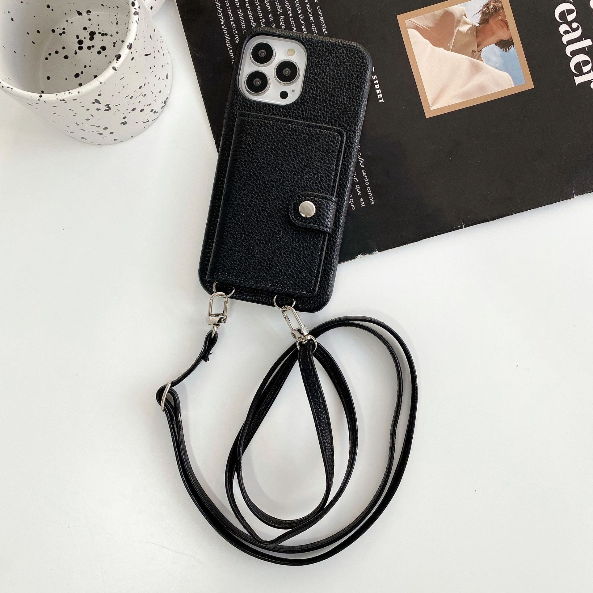Lychee‑Pattern Card Holder Phone Case with Strap – PC + Leather Rear Cover for iPhone Models What Else You Got?