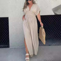 Elegant Bat-Sleeve Maxi Dress – V-Neck Slit with Elastic Waist for Summer | Summer Elegance