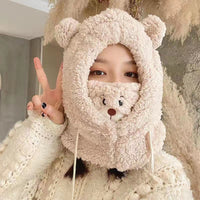 Adorable Bear Plush Winter Hat with Scarf & Mask - Cozy & Windproof for Men & Women
