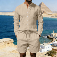 Men's Linen Summer Shirt & Shorts Set - Breathable Vintage Stand Collar Beach Suit - Lightweight & Comfortable