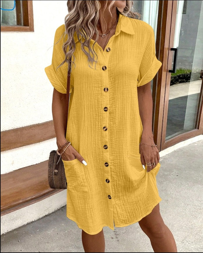 Summer Short Sleeve Shirt Dress Fashion Solid Color Single-breasted Mid-length Loose Dress What Else You Got?