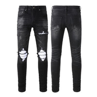 Men's Classic Black Ripped Jeans - Vintage Stretch Denim, Mid-Rise Straight Fit (Black)