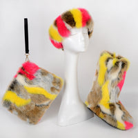Luxurious Velvet Padded Plus Size Fox Fur Snow Boots Set with Hat & Bag - Warm Winter Fashion for Women