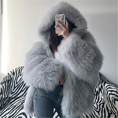 Women’s Faux Fur Hooded Pullover – Oversized Artificial Fur Winter Top