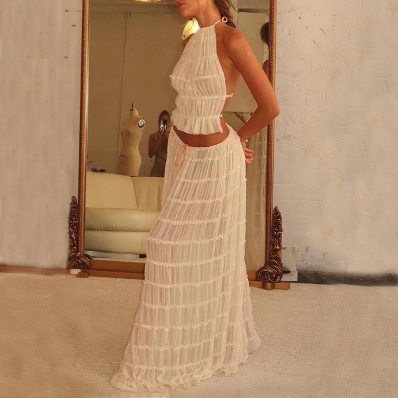 2pcs Women's Dress Suit Sexy Sleeveless Backless Cropped Halter Top And Pleated Long Skirt Beach Clothing What Else You Got?