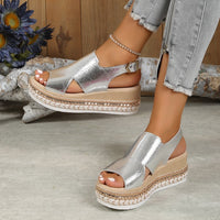 Glamorous Fish Mouth Wedge Sandals – Shiny Hollow Design in Gold & Silver