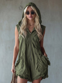 Elegant Boho Women's Cropped Jumpsuit - Retro Zip-Up Hoodie Style in Cotton-Linen Blend