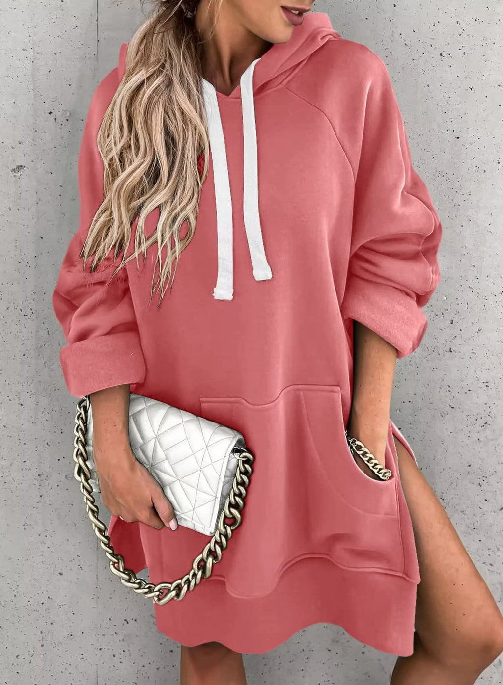 Women's Hooded Sweatshirt With Pockets Fashion Casual Split Mid-length Sweater Drawstring Tops What Else You Got?