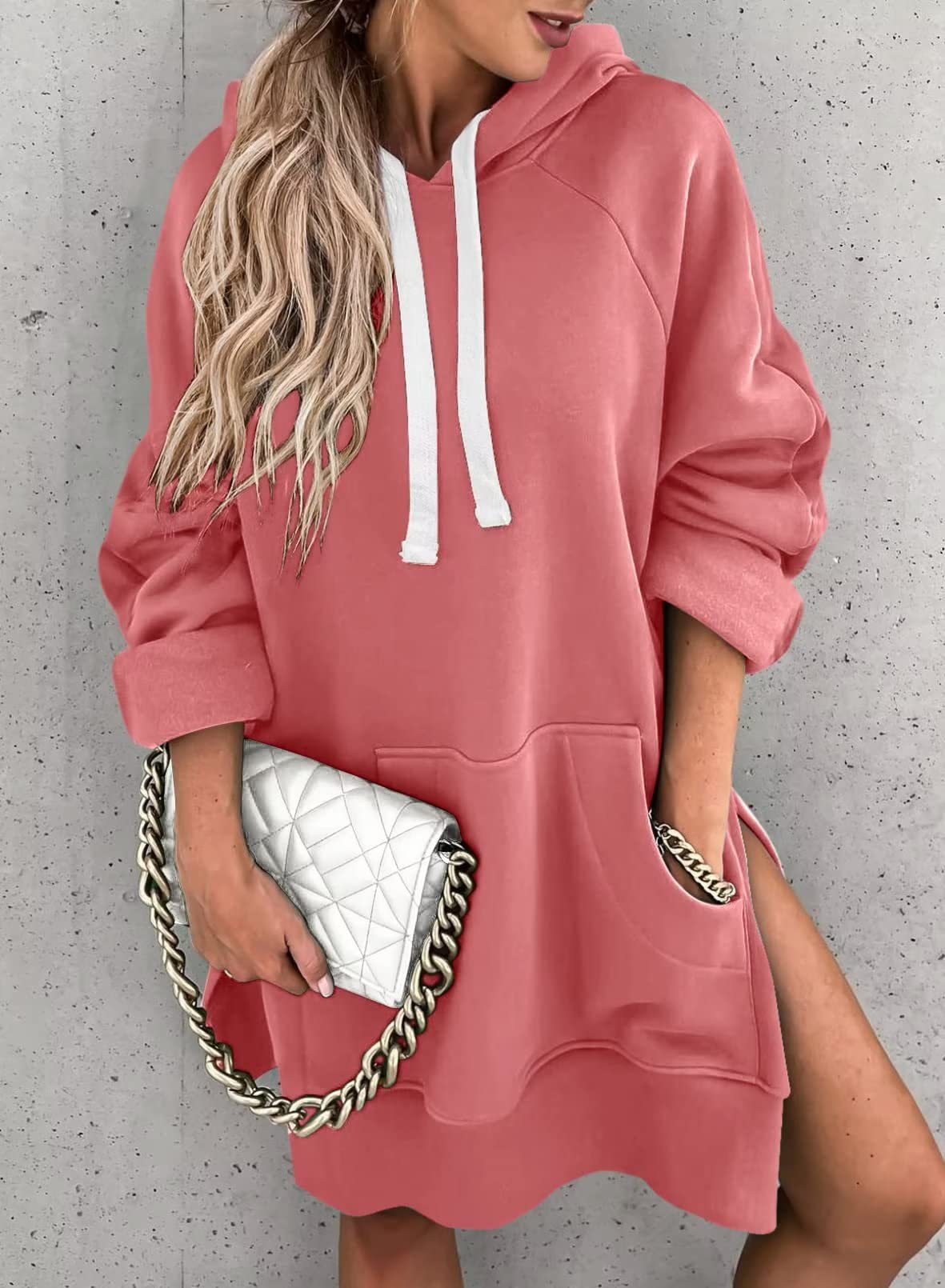 Women's Hooded Sweatshirt With Pockets Fashion Casual Split Mid-length Sweater Drawstring Tops What Else You Got?