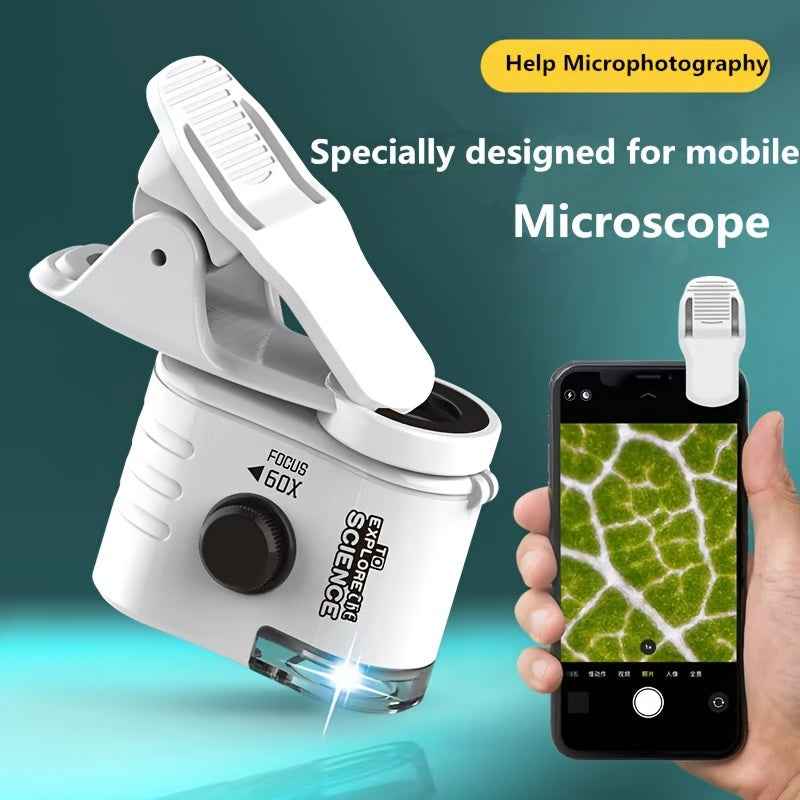 60× Mobile Phone Clip-On Microscope with LED Light — Portable Pocket Science Lens for Kids & Adults