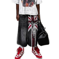 Flag Print Worn Looking Washed-out Baggy Denim Shorts Men