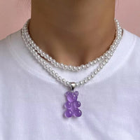 Transparent Gummy Bear Pearl Necklace – Y2K Jelly Bear Pendant in 4 Colors