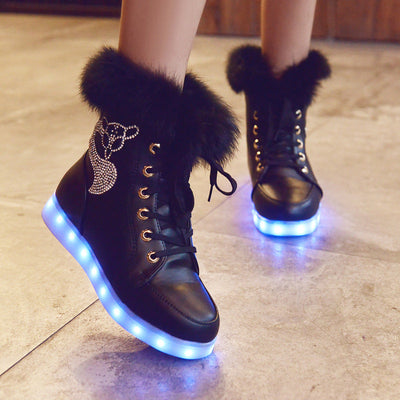 LED Light Up Fur Snow Boots - USB Charging Warm Winter Walking Shoes